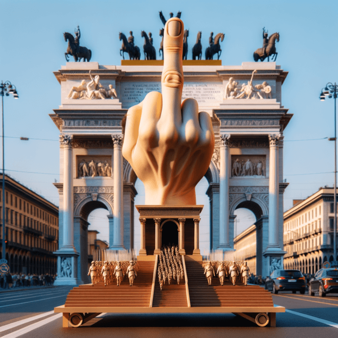 Un punto focale dell'evento è la rivisitazione artistica della celebre scultura L.O.V.E. di Maurizio Cattelan. ma la mano con il dito medio alzato di piazza della scala, posizionata sul tetto di una minor che precede la parata verso arco della apce a milano Un punto focale dell'evento è la rivisitazione artistica della celebre scultura L.O.V.E. di Maurizio Cattelan. ma la mano con il dito medio alzato di piazza della scala, posizionata sul tetto di una minor che precede la parata verso arco della apce a milano